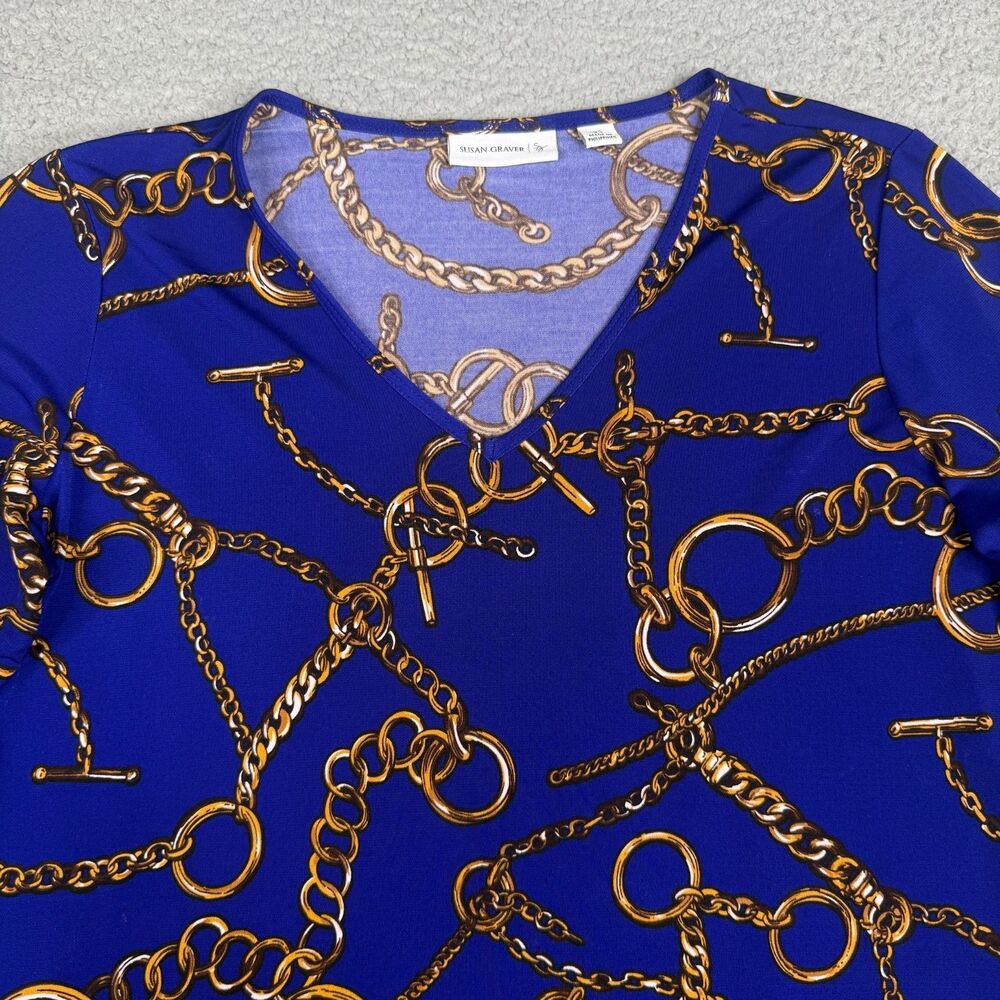 Susan Graver Liquid Knit Top Womens XS Blue Equestrian Chain Print V Neck Tunic - Picture 3 of 11